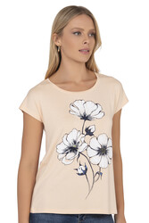 Özkan 26533 Kadın Vorteks Viskon Premium Kumaş Önü Çiçek Baskılı Kısa Kollu Örme Bluz - Thumbnail