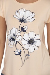 Özkan 26533 Kadın Vorteks Viskon Premium Kumaş Önü Çiçek Baskılı Kısa Kollu Örme Bluz - Thumbnail