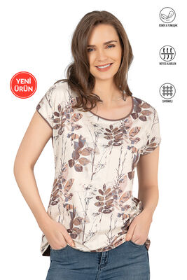 Özkan Underwear - Özkan 26547 Kadın Vorteks Viskon Premium Kumaş Önü Baskılı Likralı Kısa Kollu Örme Bluz