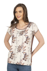 Özkan 26547 Kadın Vorteks Viskon Premium Kumaş Önü Baskılı Likralı Kısa Kollu Örme Bluz - Thumbnail