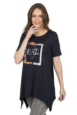 Özkan Underwear - Özkan 26721 Kadın Premium Yumuşak Kumaş Lacivert Vorteks Viskon Likralı Önü Baskılı Kısa Kollu Büyük Beden Bluz Tunik