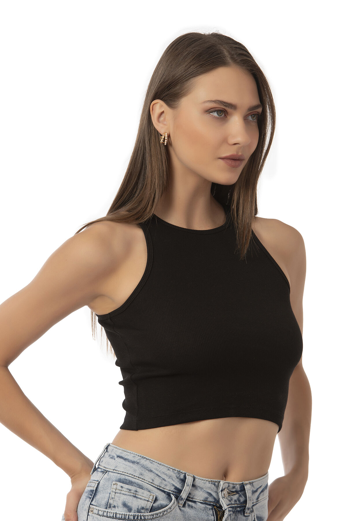 Özkan Underwear Özkan 26814 Kadın Pamuklu Fitilli Vücuda Oturan Halter Yaka İnce Biyeli Esnek Rahat Örme Crop Atlet