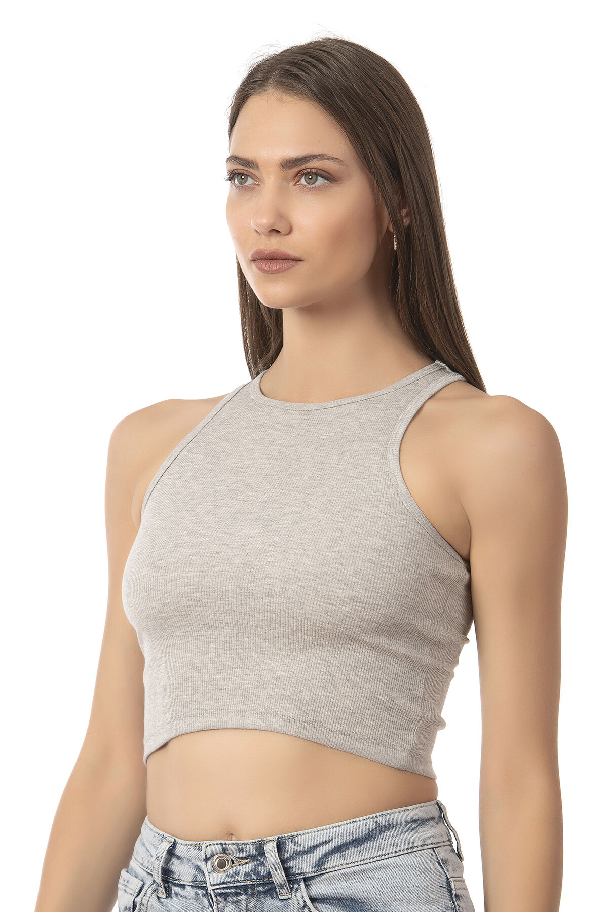 Özkan Underwear Özkan 26814 Kadın Pamuklu Fitilli Vücuda Oturan Halter Yaka İnce Biyeli Esnek Rahat Örme Crop Atlet