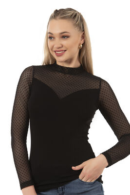 Özkan Underwear - Özkan 26824 Kadın Ring Viskon Flok Tül Detaylı Uzun Kollu Esnek Yumuşak Bluz Tişört Badi