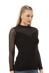 Özkan 26824 Kadın Ring Viskon Flok Tül Detaylı Uzun Kollu Esnek Yumuşak Bluz Tişört Badi - Thumbnail