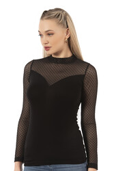 Özkan 26824 Kadın Ring Viskon Flok Tül Detaylı Uzun Kollu Esnek Yumuşak Bluz Tişört Badi - Thumbnail