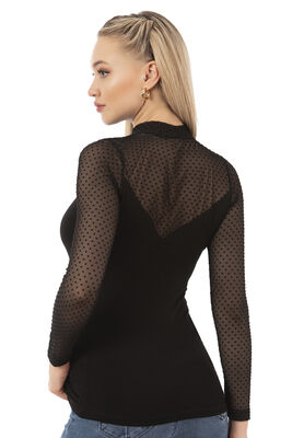 Özkan Underwear - Özkan 26824 Kadın Ring Viskon Flok Tül Detaylı Uzun Kollu Esnek Yumuşak Bluz Tişört Badi (1)