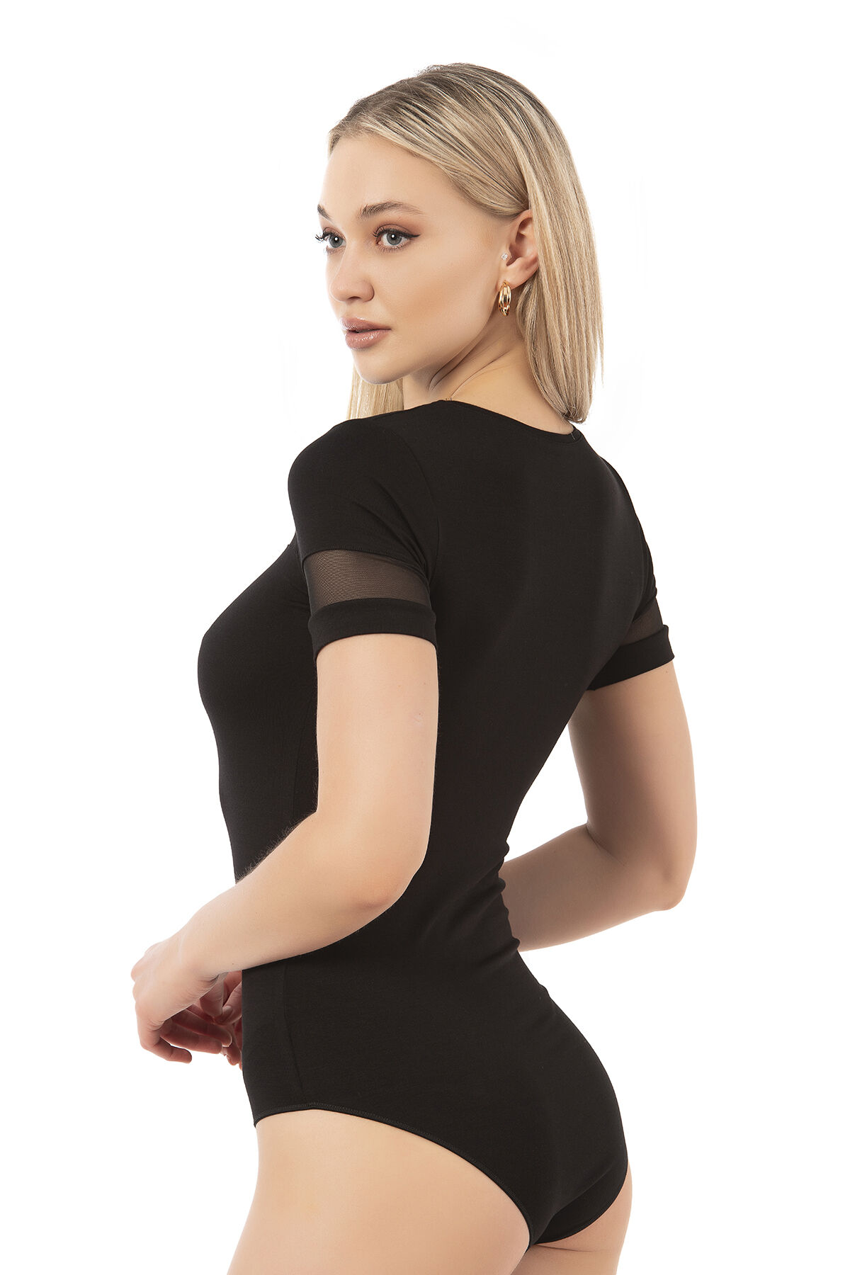 Özkan 26834 Kadın Ring Viskon Kısa Kollu Tül Detaylı Esnek Rahat Kancalı Çıtçıtlı Body Zıbın