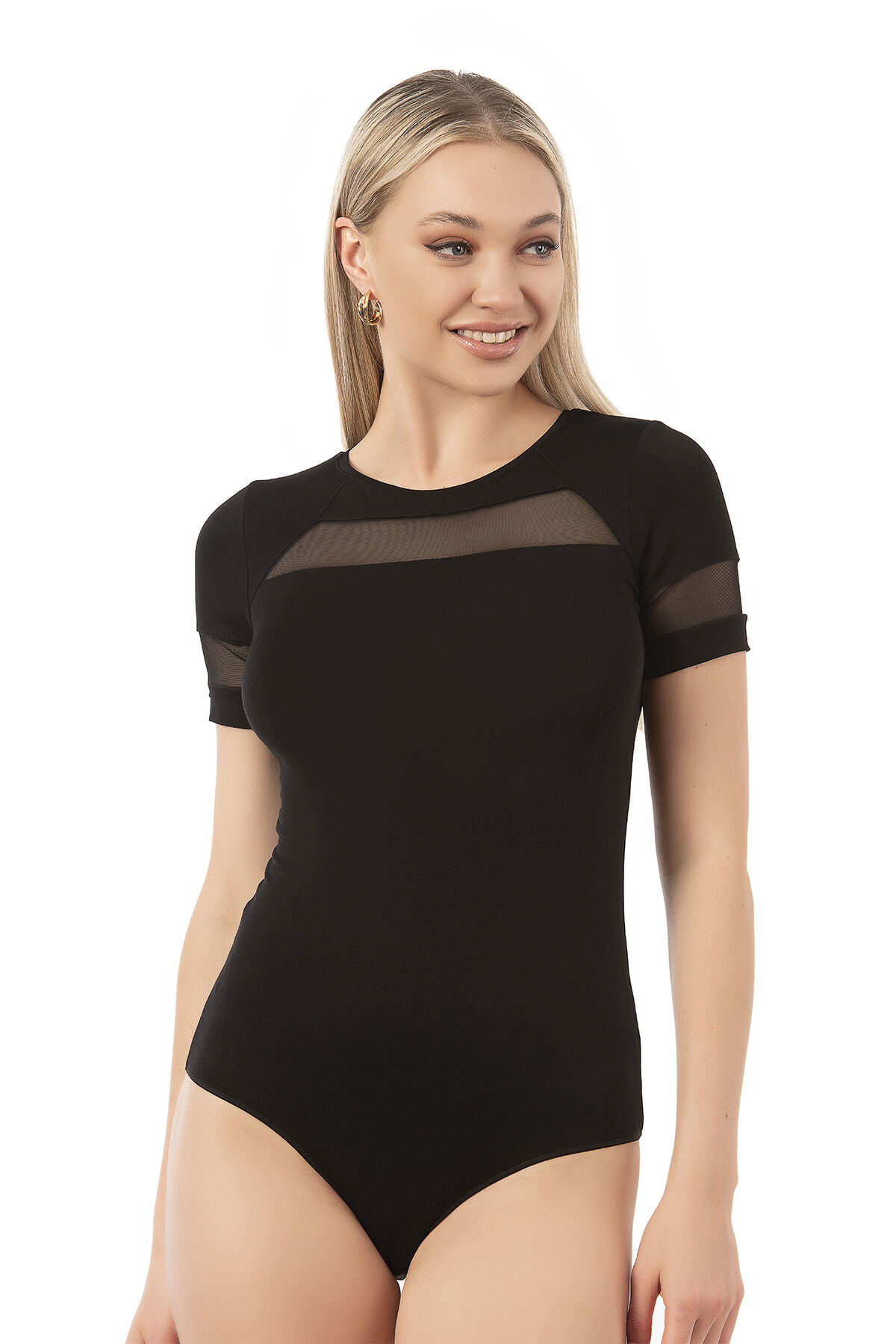 Özkan 26834 Kadın Ring Viskon Kısa Kollu Tül Detaylı Esnek Rahat Kancalı Çıtçıtlı Body Zıbın