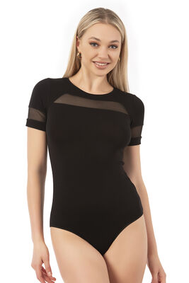 Özkan Underwear - Özkan 26834 Kadın Ring Viskon Kısa Kollu Tül Detaylı Esnek Rahat Kancalı Çıtçıtlı Body Zıbın