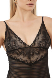 Özkan 26835 Kadın Siyah İnce Askılı Dantel Ve Tül Detaylı Sırtı Açık Esnek Rahat Kancalı Çıtçıtlı Body Zıbın - Thumbnail