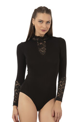 Özkan 26860 Kadın Viskon Esnek Yumuşak Yakası ve Kolları Dantel Detaylı Dik Yaka Uzun Kollu Kancalı Çıtçıtlı Örme Body - Thumbnail