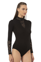Özkan 26860 Kadın Viskon Esnek Yumuşak Yakası ve Kolları Dantel Detaylı Dik Yaka Uzun Kollu Kancalı Çıtçıtlı Örme Body - Thumbnail