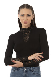 Özkan 26860 Kadın Viskon Esnek Yumuşak Yakası ve Kolları Dantel Detaylı Dik Yaka Uzun Kollu Kancalı Çıtçıtlı Örme Body - Thumbnail