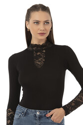 Özkan 26860 Kadın Viskon Esnek Yumuşak Yakası ve Kolları Dantel Detaylı Dik Yaka Uzun Kollu Kancalı Çıtçıtlı Örme Body - Thumbnail