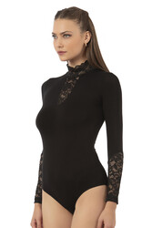 Özkan 26860 Kadın Viskon Esnek Yumuşak Yakası ve Kolları Dantel Detaylı Dik Yaka Uzun Kollu Kancalı Çıtçıtlı Örme Body - Thumbnail