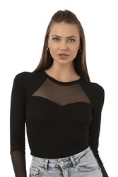 Özkan 26865 Kadın Siyah Uzun Kollu Tül Detaylı Viskon Kaşkorse Fitilli Esnek Yumuşak Örme Çıtçıtlı Body - Thumbnail