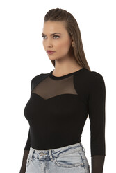 Özkan 26865 Kadın Siyah Uzun Kollu Tül Detaylı Viskon Kaşkorse Fitilli Esnek Yumuşak Örme Çıtçıtlı Body - Thumbnail