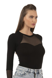 Özkan 26865 Kadın Siyah Uzun Kollu Tül Detaylı Viskon Kaşkorse Fitilli Esnek Yumuşak Örme Çıtçıtlı Body - Thumbnail