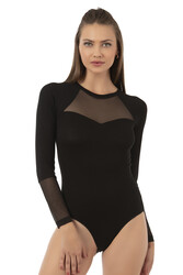 Özkan 26865 Kadın Siyah Uzun Kollu Tül Detaylı Viskon Kaşkorse Fitilli Esnek Yumuşak Örme Çıtçıtlı Body - Thumbnail