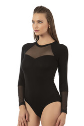 Özkan 26865 Kadın Siyah Uzun Kollu Tül Detaylı Viskon Kaşkorse Fitilli Esnek Yumuşak Örme Çıtçıtlı Body - Thumbnail