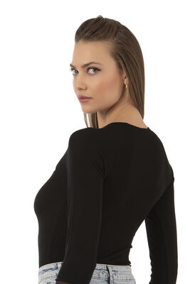 Özkan Underwear - Özkan 26865 Kadın Siyah Uzun Kollu Tül Detaylı Viskon Kaşkorse Fitilli Esnek Yumuşak Örme Çıtçıtlı Body (1)