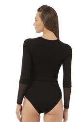 Özkan 26865 Kadın Siyah Uzun Kollu Tül Detaylı Viskon Kaşkorse Fitilli Esnek Yumuşak Örme Çıtçıtlı Body - Thumbnail