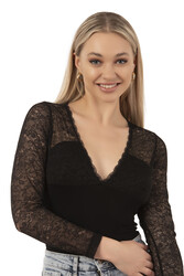 Özkan 26946 Kadın Premium Esnek Kumaş Viskon Dantel Tül Detaylı V Yaka Uzun Kollu Kancalı Çıtçıtlı Body Zıbın - Thumbnail