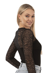 Özkan 26946 Kadın Premium Esnek Kumaş Viskon Dantel Tül Detaylı V Yaka Uzun Kollu Kancalı Çıtçıtlı Body Zıbın - Thumbnail