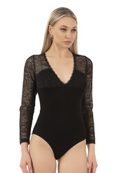 Özkan 26946 Kadın Premium Esnek Kumaş Viskon Dantel Tül Detaylı V Yaka Uzun Kollu Kancalı Çıtçıtlı Body Zıbın - Thumbnail