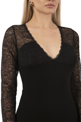 Özkan 26946 Kadın Premium Esnek Kumaş Viskon Dantel Tül Detaylı V Yaka Uzun Kollu Kancalı Çıtçıtlı Body Zıbın - Thumbnail