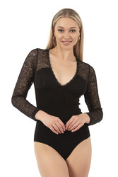 Özkan 26946 Kadın Premium Esnek Kumaş Viskon Dantel Tül Detaylı V Yaka Uzun Kollu Kancalı Çıtçıtlı Body Zıbın - Thumbnail