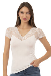 Özkan 26947 Kadın Pamuklu Modal Esnek Yumuşak Önü Dantel Detaylı V Yaka Atlet - Thumbnail