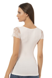 Özkan 26947 Kadın Pamuklu Modal Esnek Yumuşak Önü Dantel Detaylı V Yaka Atlet - Thumbnail