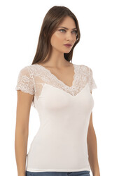 Özkan 26947 Kadın Pamuklu Modal Esnek Yumuşak Önü Dantel Detaylı V Yaka Atlet - Thumbnail