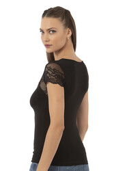 Özkan 26947 Kadın Pamuklu Modal Esnek Yumuşak Önü Dantel Detaylı V Yaka Atlet - Thumbnail