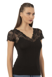 Özkan 26947 Kadın Pamuklu Modal Esnek Yumuşak Önü Dantel Detaylı V Yaka Atlet - Thumbnail