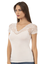 Özkan 26947 Kadın Pamuklu Modal Esnek Yumuşak Önü Dantel Detaylı V Yaka Atlet - Thumbnail