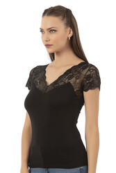 Özkan 26947 Kadın Pamuklu Modal Esnek Yumuşak Önü Dantel Detaylı V Yaka Atlet - Thumbnail