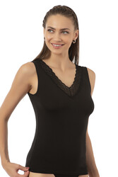 Özkan 26955 Kadın Pamuklu Modal Esnek Yumuşak Önü Dantel Detaylı V Yaka Kalın Askılı Atlet - Thumbnail