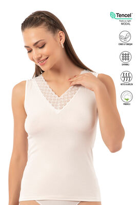 Özkan Underwear - Özkan 26955 Kadın Pamuklu Modal Esnek Yumuşak Önü Dantel Detaylı V Yaka Kalın Askılı Atlet