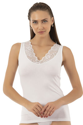 Özkan Underwear - Özkan 26957 Kadın Süprem Pamuklu Esnek Rahat Yumuşak V Yaka Dantel Detaylı Kalın Askılı Atlet