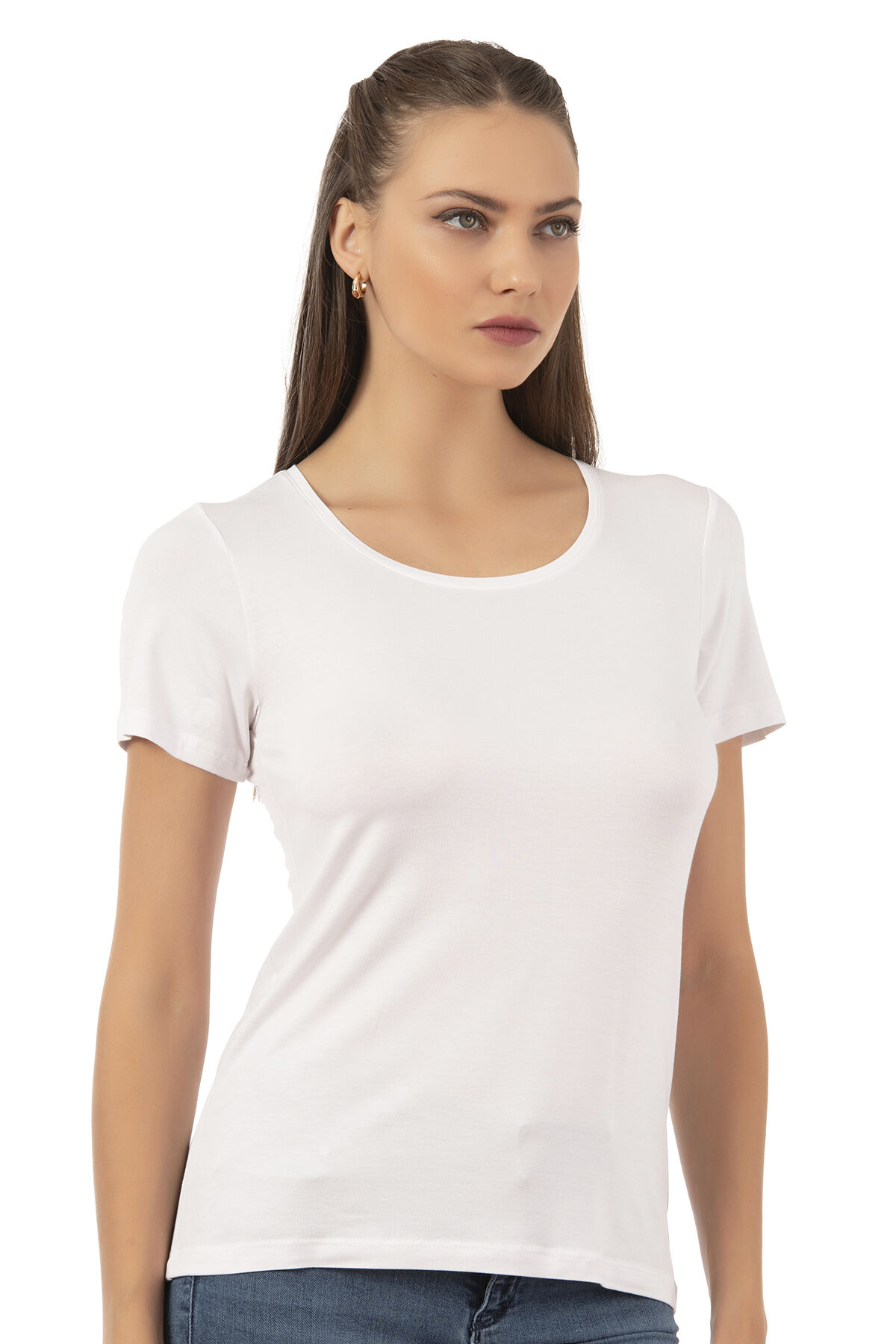 Özkan 26976 Kadın Premium Yumuşak Rahat Kumaş Viskon Bisiklet Yaka Kısa Kollu Örme T-Shirt