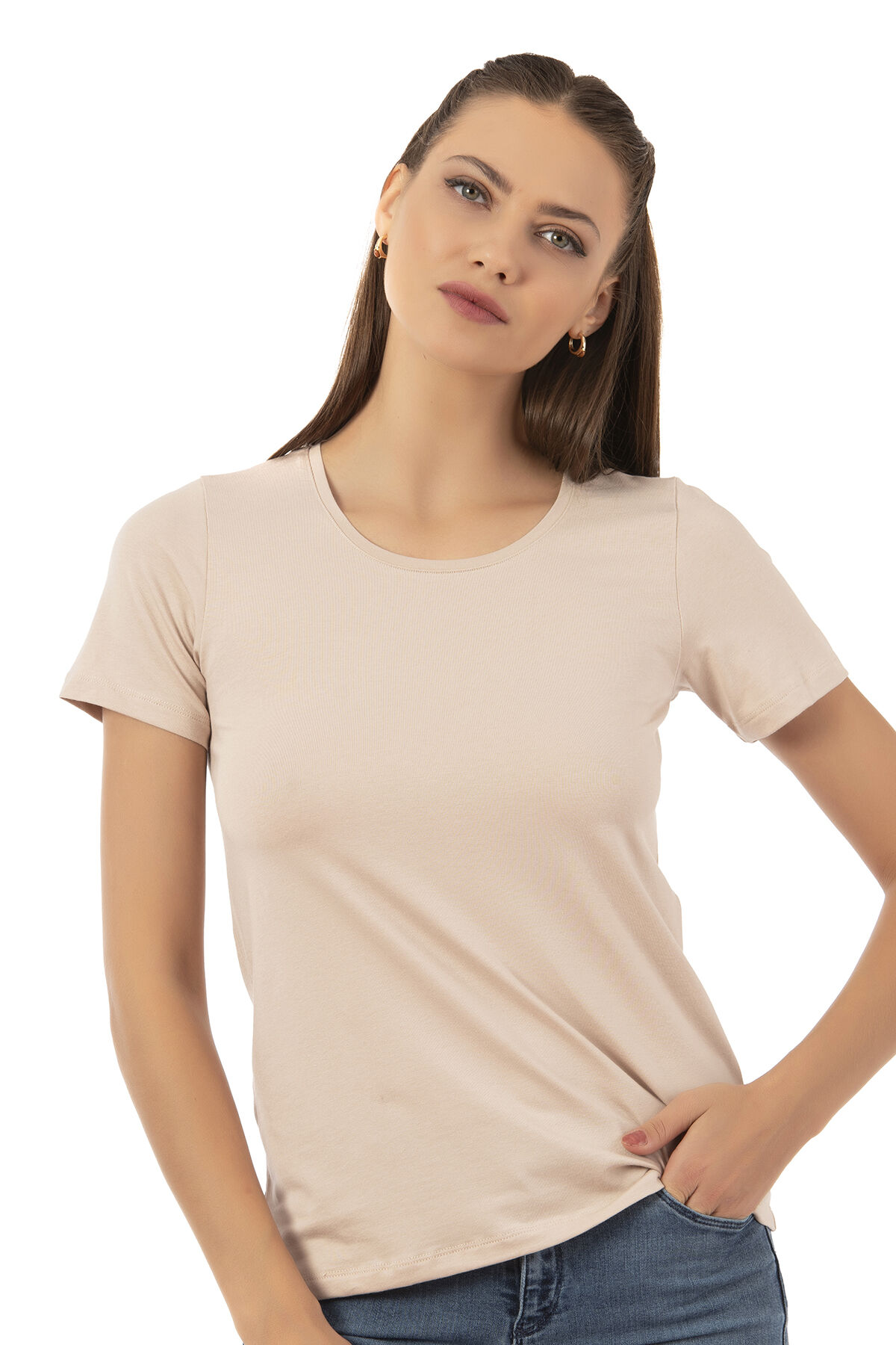 Özkan 26976 Kadın Premium Yumuşak Rahat Kumaş Viskon Bisiklet Yaka Kısa Kollu Örme T-Shirt