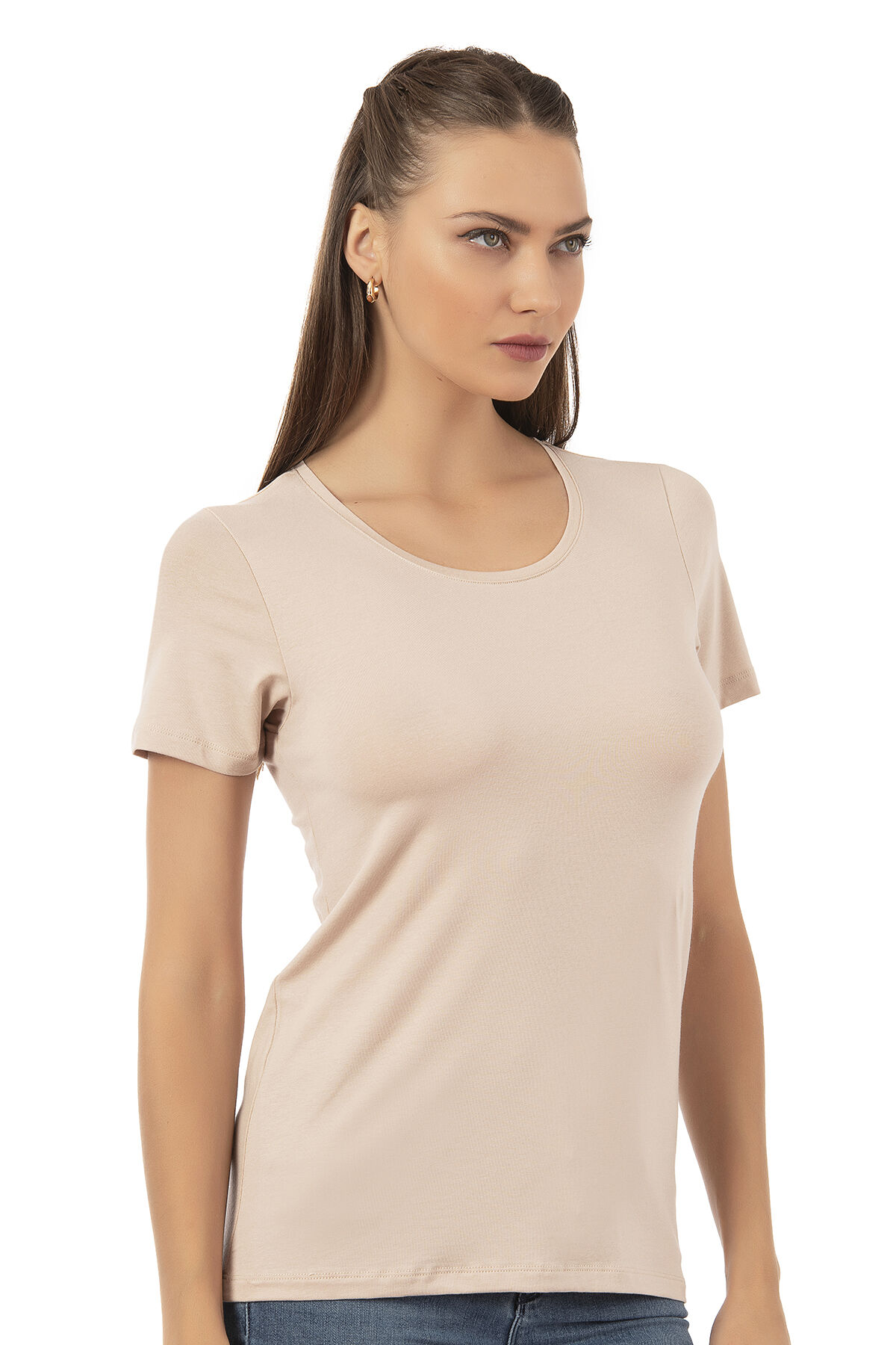 Özkan 26976 Kadın Premium Yumuşak Rahat Kumaş Viskon Bisiklet Yaka Kısa Kollu Örme T-Shirt