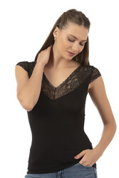 Özkan 26977 Kadın Ring Viskon Esnek Yumuşak V Yaka Dantel Sırt Detaylı Atlet - Thumbnail