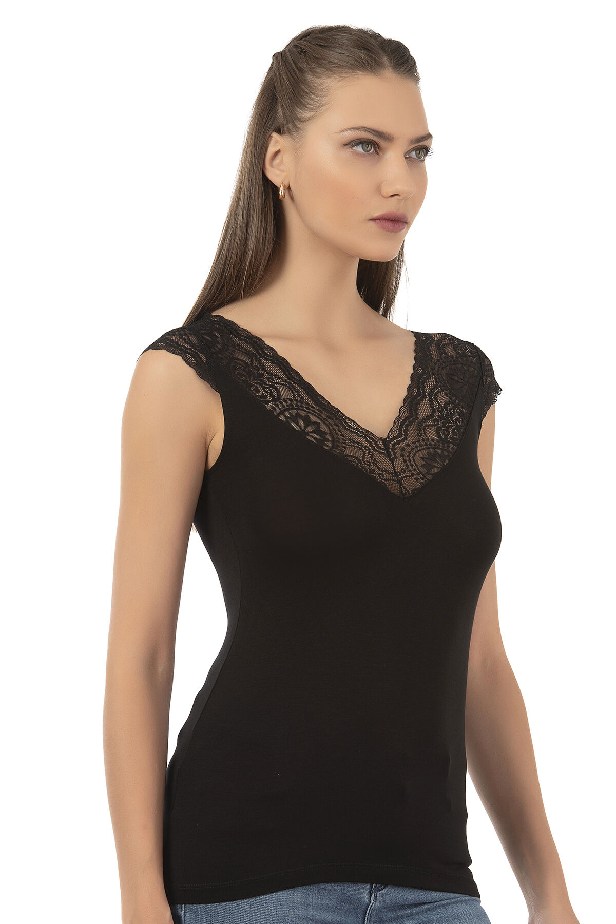 Özkan 26977 Kadın Ring Viskon Esnek Yumuşak V Yaka Dantel Sırt Detaylı Atlet