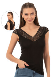 Özkan 26977 Kadın Ring Viskon Esnek Yumuşak V Yaka Dantel Sırt Detaylı Atlet - Thumbnail