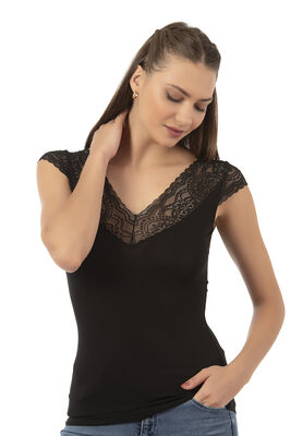 Özkan Underwear - Özkan 26977 Kadın Ring Viskon Esnek Yumuşak V Yaka Dantel Sırt Detaylı Atlet (1)