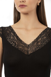 Özkan 26977 Kadın Ring Viskon Esnek Yumuşak V Yaka Dantel Sırt Detaylı Atlet - Thumbnail